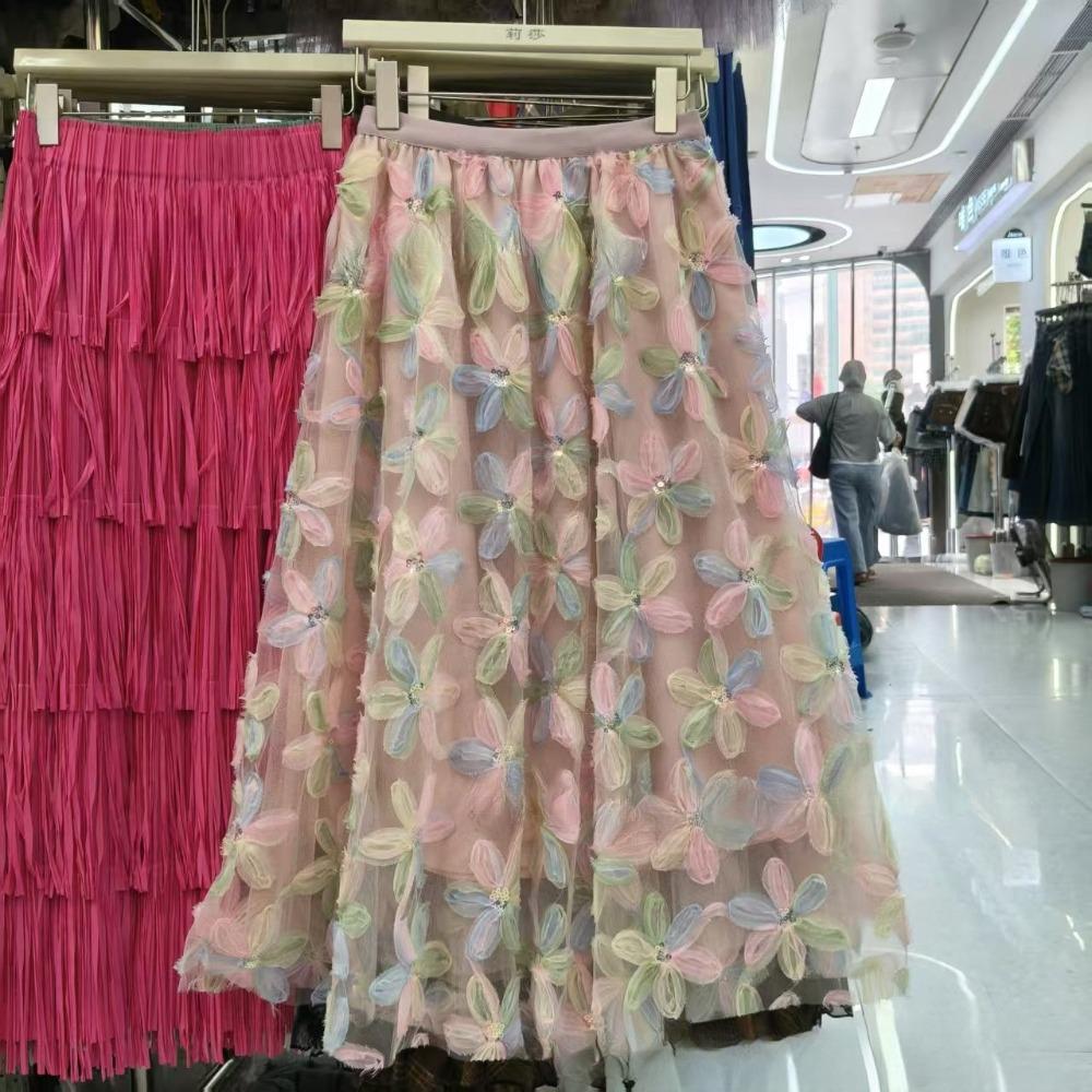 Damen Hohe Taille Geblümter Midi-Rock Lockere Passform Lässig Bestickter Netzrock