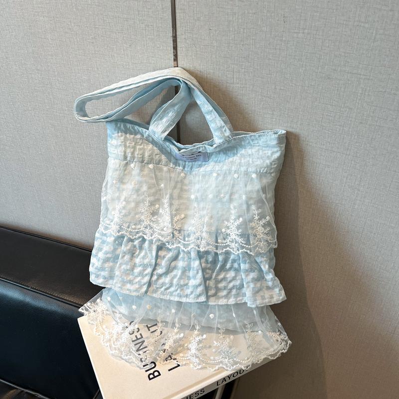 Vintage Mori Women's Style Heavy Industry Lace Splicing Cotton and Linen Shoulder Bag 25 Summer Handbag Bag Large Capacity Handbag