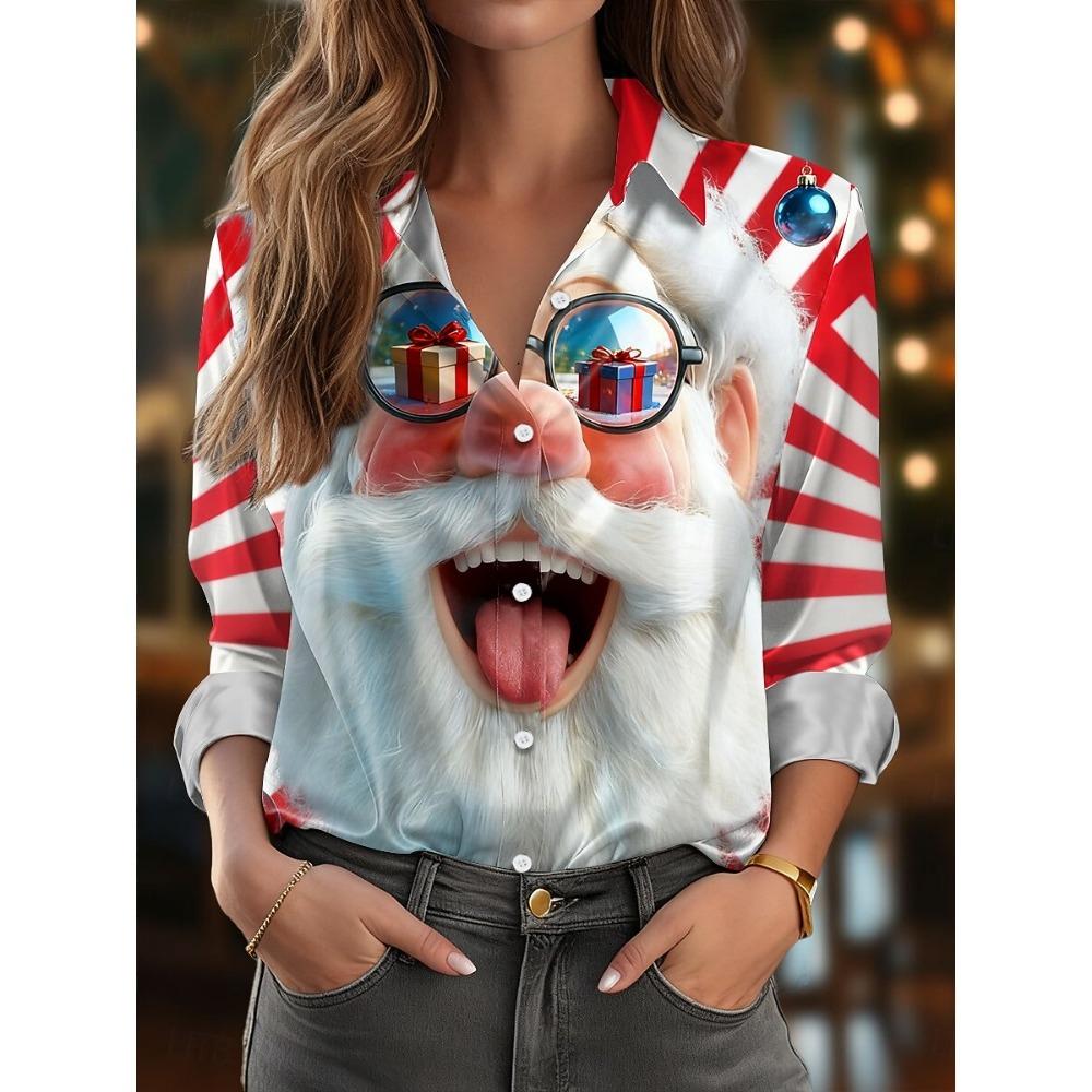 Women's Christmas Santa Blouse, Elegant Shirt Collar Design, Vintage Holiday Office Wear, Fall Winter Work Daily Fashion