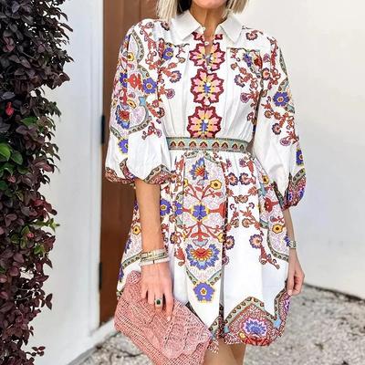 Spring Women's Fashion V-neck Lantern Sleeve Temperament Printing Waist Slim Dresses