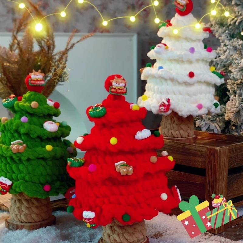 Crafted Holiday Knitted Christmas Tree Wooden Base Ornament Featuring Holiday Accents For Desktop Decoration
