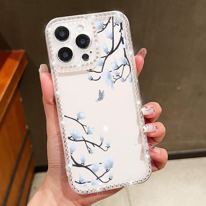Crystal Diamond Clear Case For iPhone 16 14 15 Pro Plus 13 12 Pro Max 11 16e Flowers Floral Patterned Soft TPU Phone Cover Coque