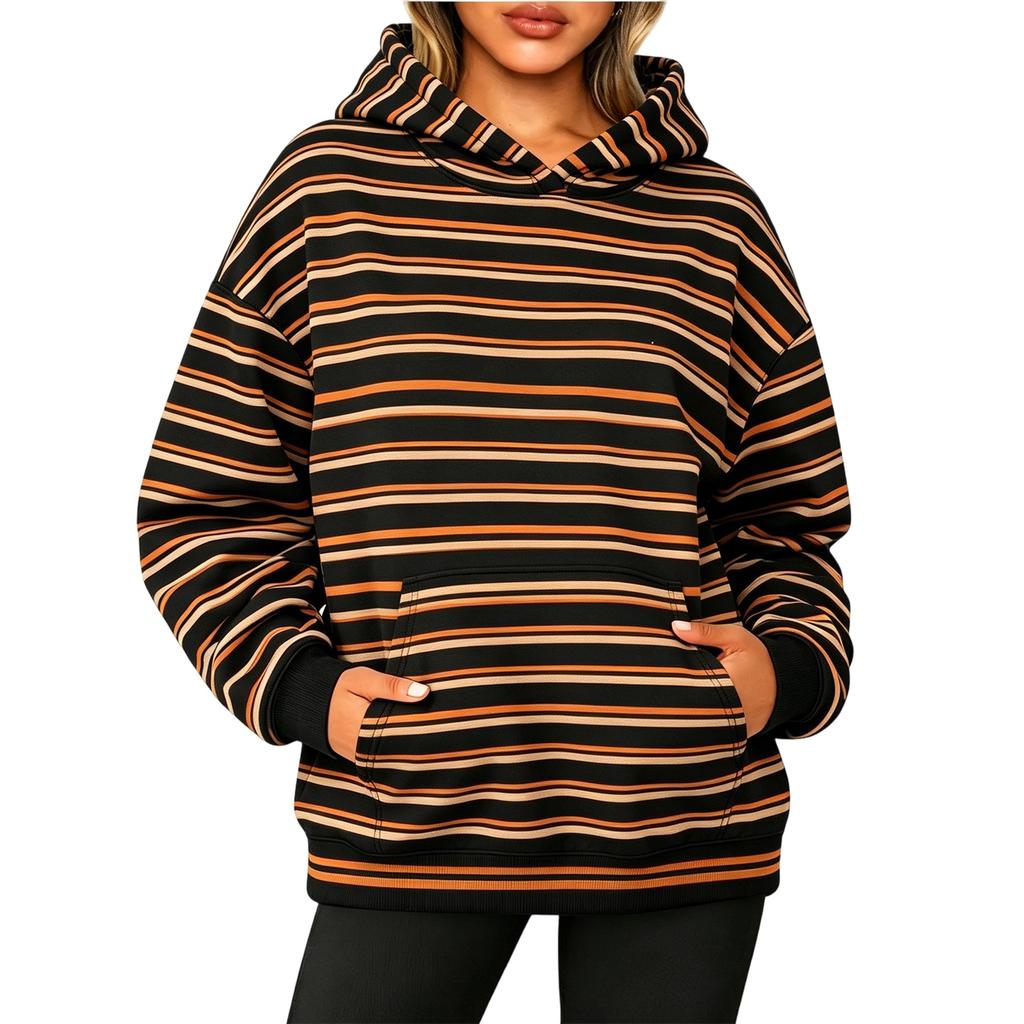 Women's Long Sleeve Striped Hoodie with Pocket - Casual Pullover Sweatshirt