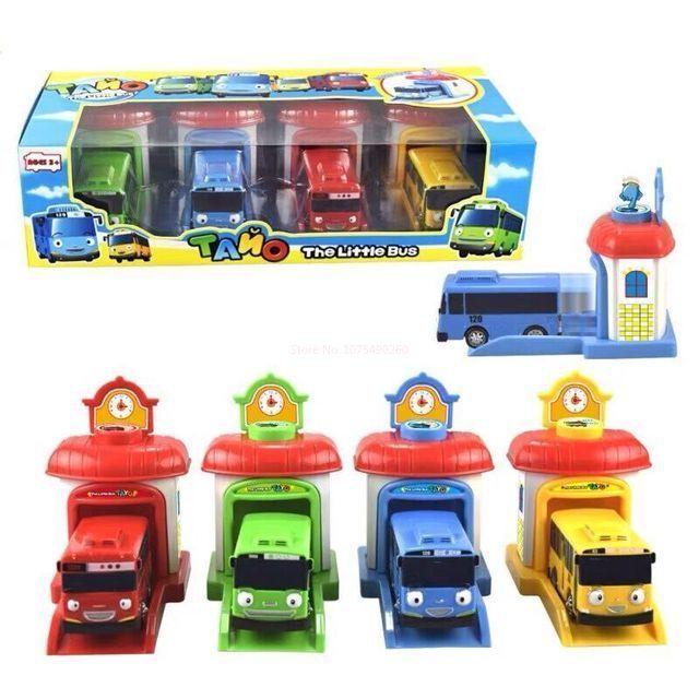 

Cartoon Tayos The Little Bus Container Truck Storage Box Parking Lot With 3 Pull Back Mini Car Toys For Children Birthday Gifts