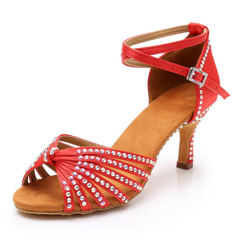 

Women Rhinestones Satin Latin Dance Shoes 7.5CM Height Heel Black Red Salsa Shoes Ballroom Dancing Shoes For Girls Ladies 34