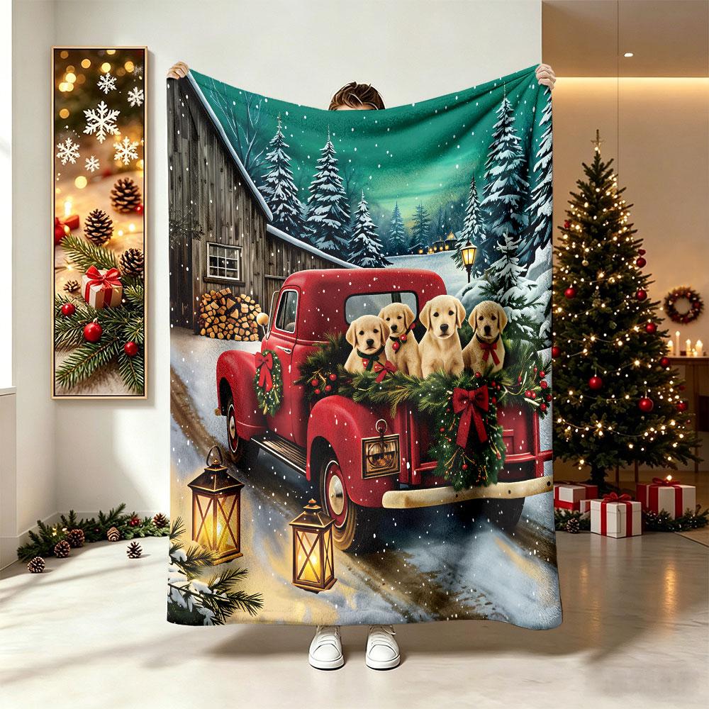 Vintage Red Truck Golden Retriever Puppy Christmas Flannel Blanket Soft Cozy Sofa Throw Nap Blanket Winter Holiday Decor Gift