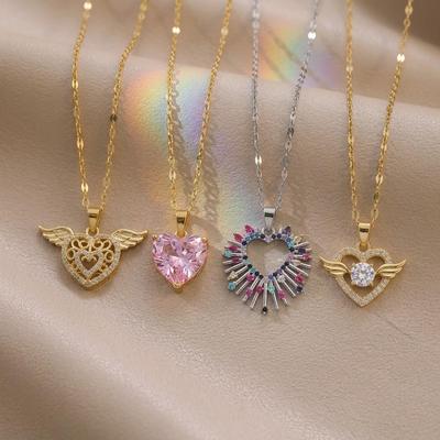 Women's Heart Wings Zircon Pendant Necklace - Japanese Korean Style Clavicle Chain