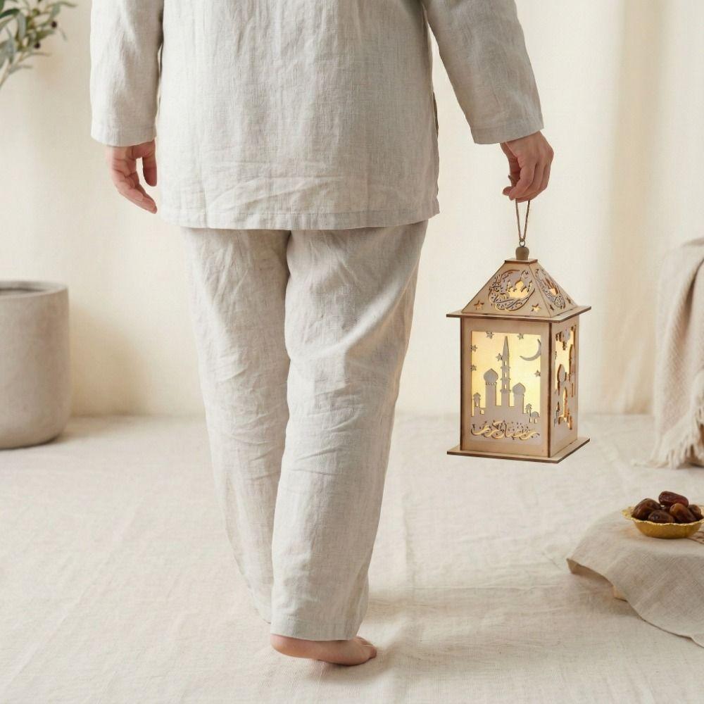 Wooden Ramadan LED Lantern Hollow Moon LED Lamp Portable Moroccan Wind Lantern  Ramadan Celebration