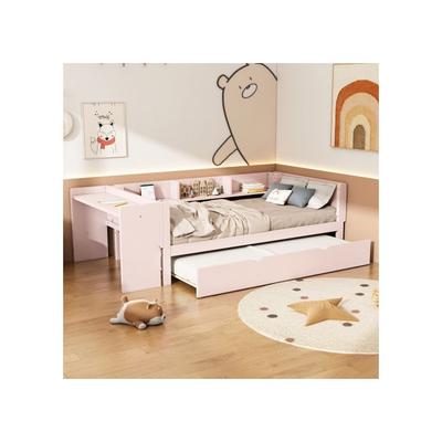Pat cu pat extensibil - - 90x200cm - Roz - Birou integrat - 3 rafturi de depozitare