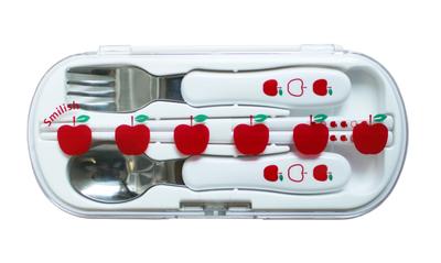 SMILISH Besteckset, Gabel mit Namen, Apfelmuster, hergestellt in Japan (Essstäbchen, Löffel, Aufkleber)
