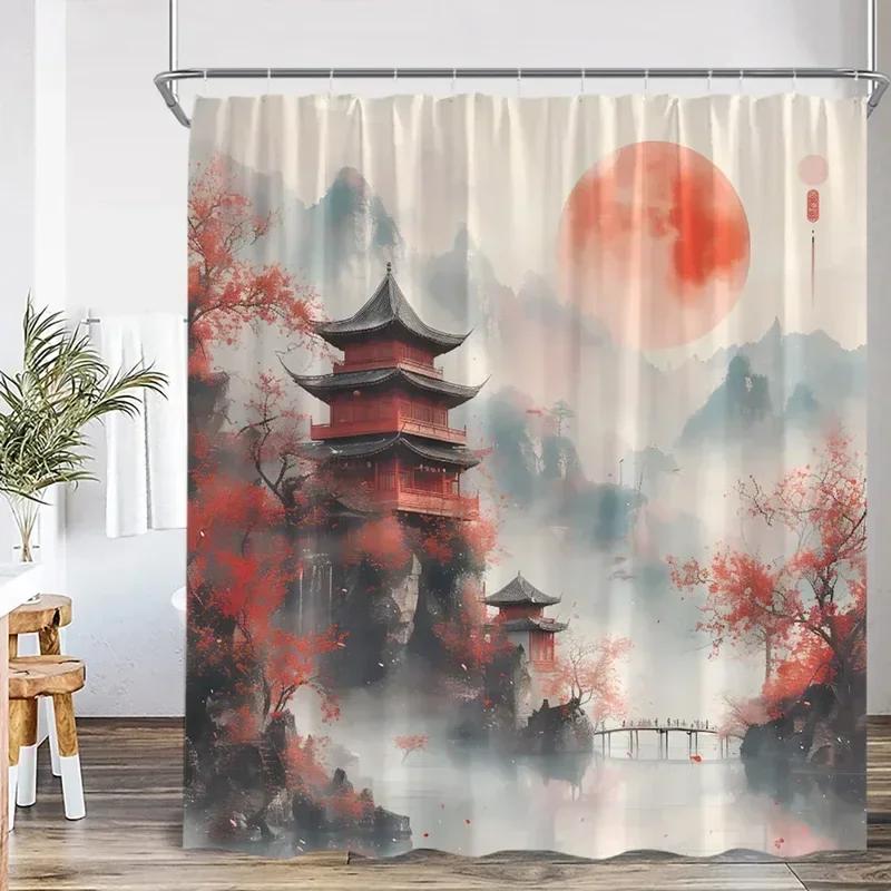 Ink Painting Shower Curtain Chinese Asian Style Cherry Blossom Japanese Woman Classical Bathroom Decor Polyester Bath Curtain