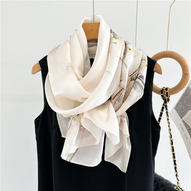 Temperament Magnolia Plain Crepe Satin Silk Long Silk Scarf Women's Spring Summer Temperament Versatile Decorative Mulberry Silk Scarf