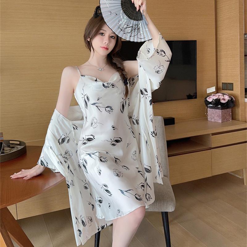 Swinging collar sexy pajamas women's summer new ice silk high-end printing suspender nightdress nightgown loungewear two pieces