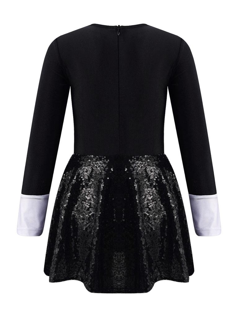 Girls Magician Costume Set Long Sleeve Bow Tie Back Zipper Sequin Leotard Hat Magic Wand Gloves