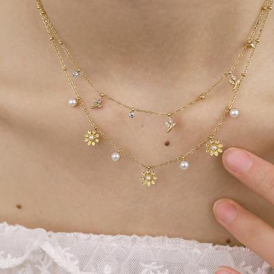 Simple And Elegant Flower Pearl Necklace With Gold Leaf Zircon Pendant For Women Fashion Jewelry