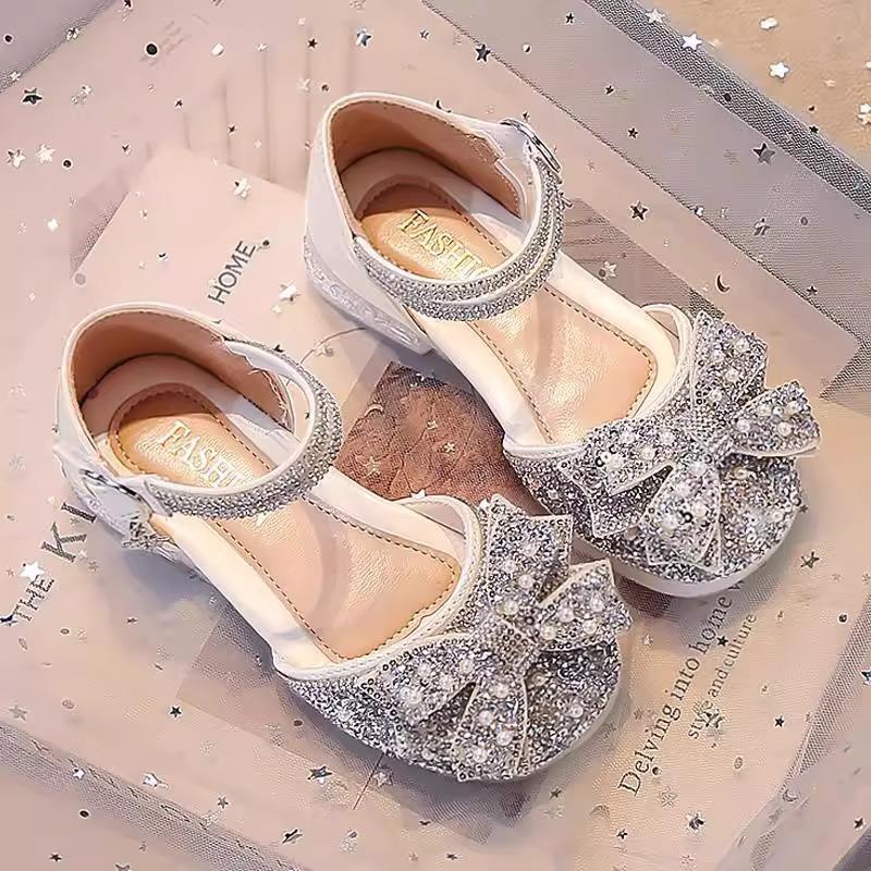 Korean girls' leather shoes summer dress foreign gas crystal shoes 2025 new children's baby sparkling rhinestones