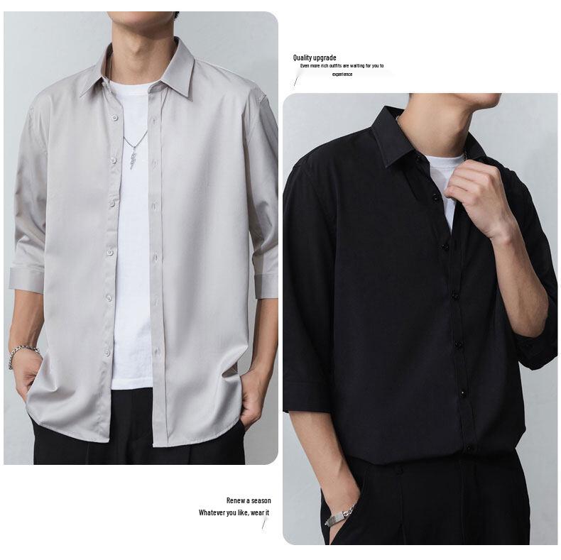 Men's Short-Sleeve Ice Silk Drape Shirt - Casual Loose-Fit, Solid Color, Trendy Summer Outerwear