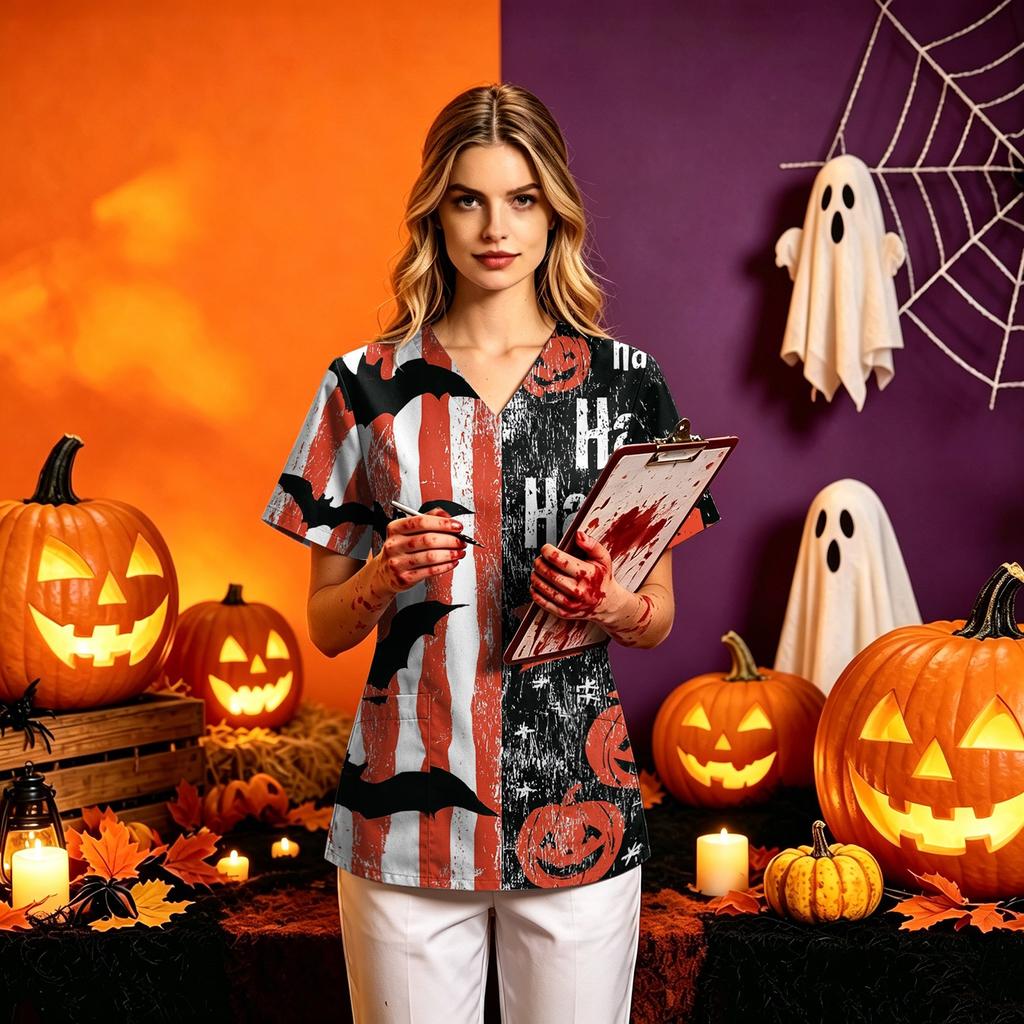 Women's Halloween Print Costume V-Neck Short Sleeve Loose Fit with Pockets