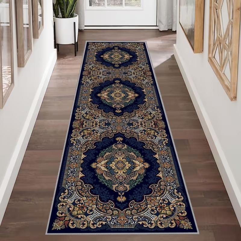 Vintage Persian Runner Rug for Hallway Entryway Non-Slip Washable Floor Mat Black White Medallion Long Carpet Home Decor
