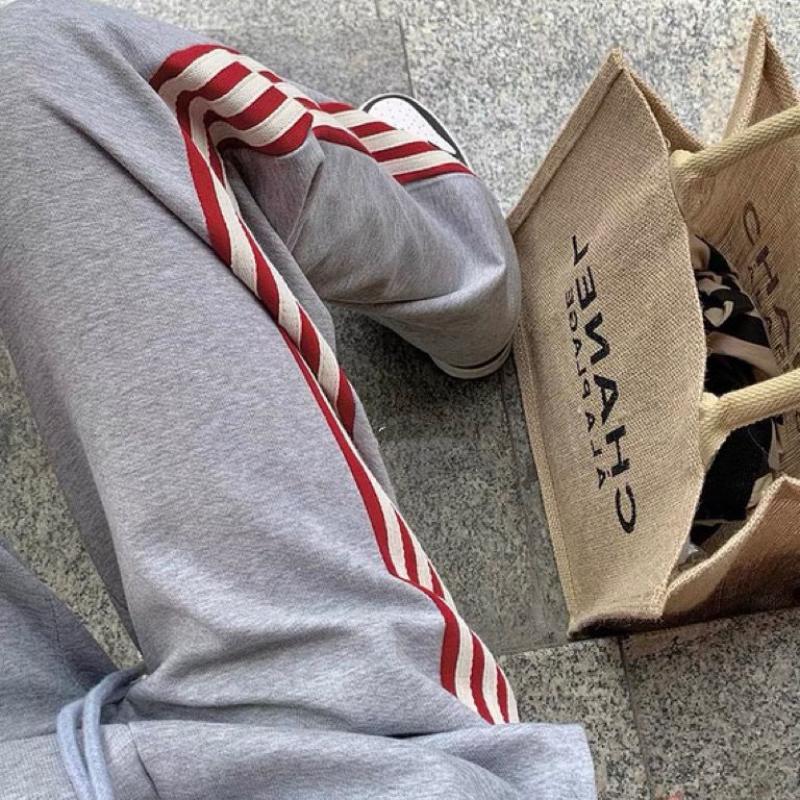Vintage Striped Sweatpants Women Chic Casual Grey Trousers Design Sense Autumn Loose Hip Hop Sports Sweatpants Y2k Style