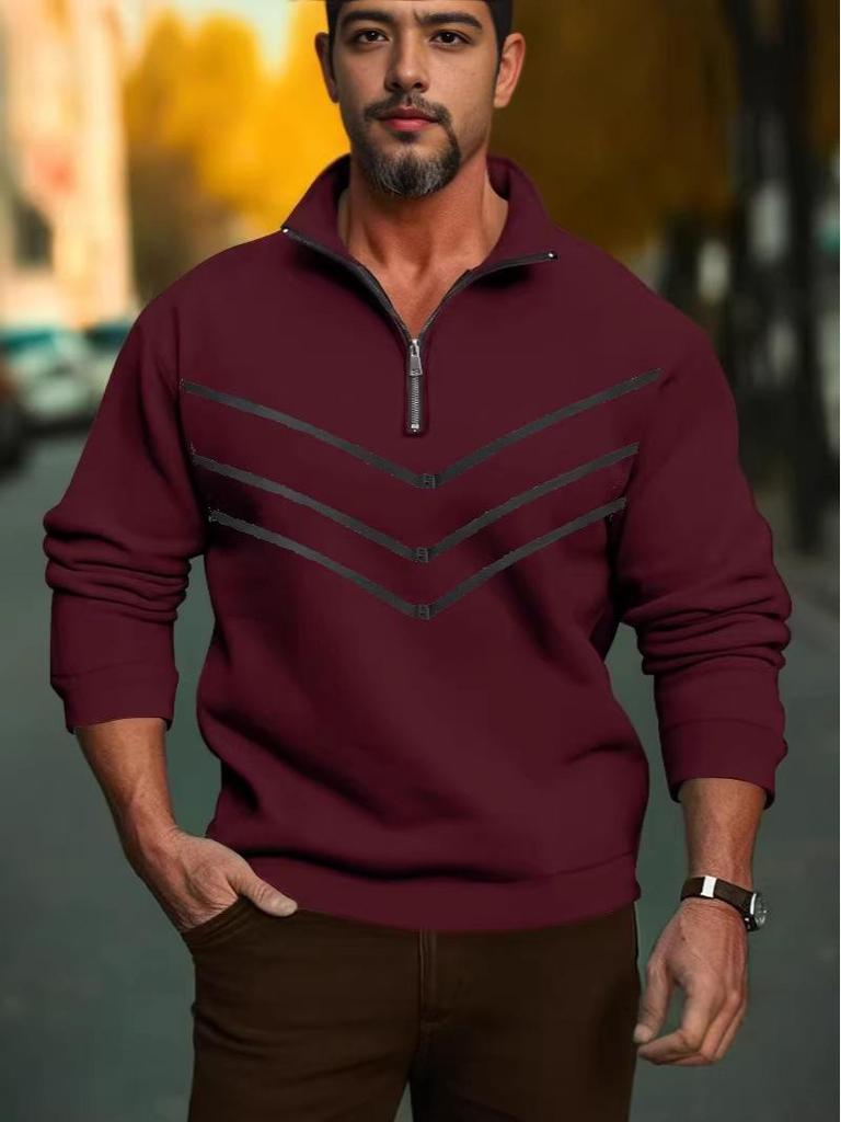 2026 Autumn/Winter Men's Color Block Half-Zip Stand Collar Hoodie Jacket - Trendy Casual Long-Sleeve Top