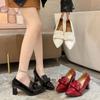 Herbst Neu Slip-On Blockabsatz Einzelne Schuhe Mode Spitz zulaufend Tiefer Ausschnitt Schleife Rutschfest Hohe Absätze