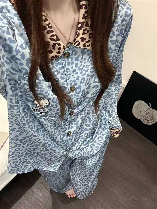 

Korean version of blue leopard print Kitty cat pajamas women s spring and autumn long-sleeved trousers ins style suit beautiful girl loungewear m [recommended weight 40-50kg ]