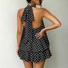 Women’s Neck Irregular Hem Polka Dot Sleeveless Backless Mini Dress Loose Fit Layered Skirt Design for Summer Wear