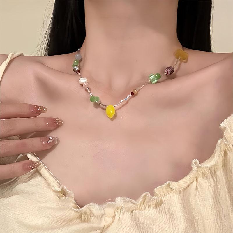 Glass beads opal shell beaded square round pearl necklace niche light luxury high sense exquisite temperament necklace