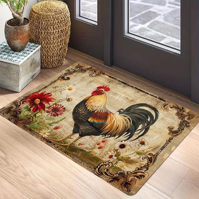 Retro Rooster Print Doormat Anti-Slip Entryway Rug Washable Bedroom Kitchen Bath Mat Polyester Home Decor Carpet