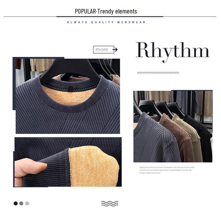 Men's Fashion Long-Sleeve Velvet Warm Hoodie - Autumn/Winter Round Neck Knit Casual Top