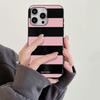 Ins Korean Pink Stripe Glossy Black Phone Case For iPhone 16 15 Pro Max 14 Plus 13 12 11 Pro Max X XS XR 7 8 Plus 16E Soft Cover