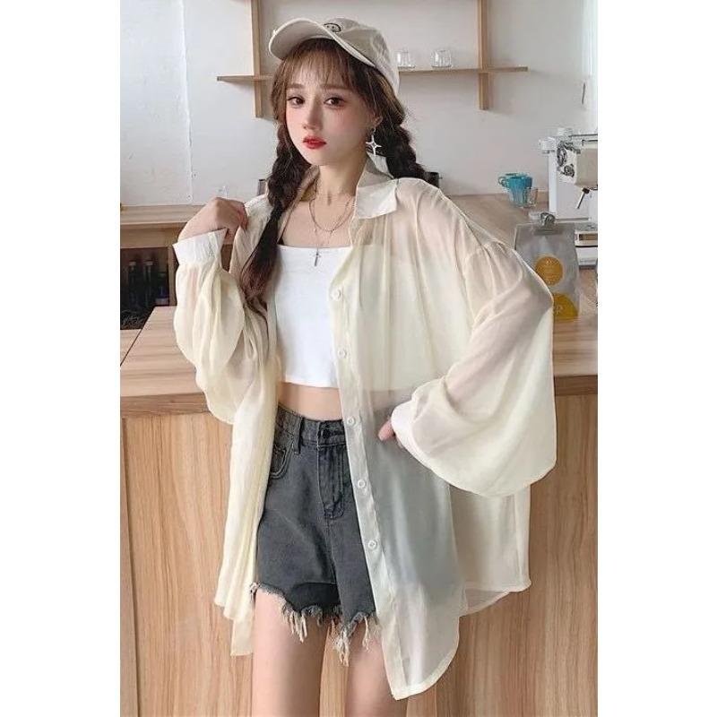 

Women Summer Beige Sheer Chiffon Button Down Oversized Sun Shirt S абрикосовый
