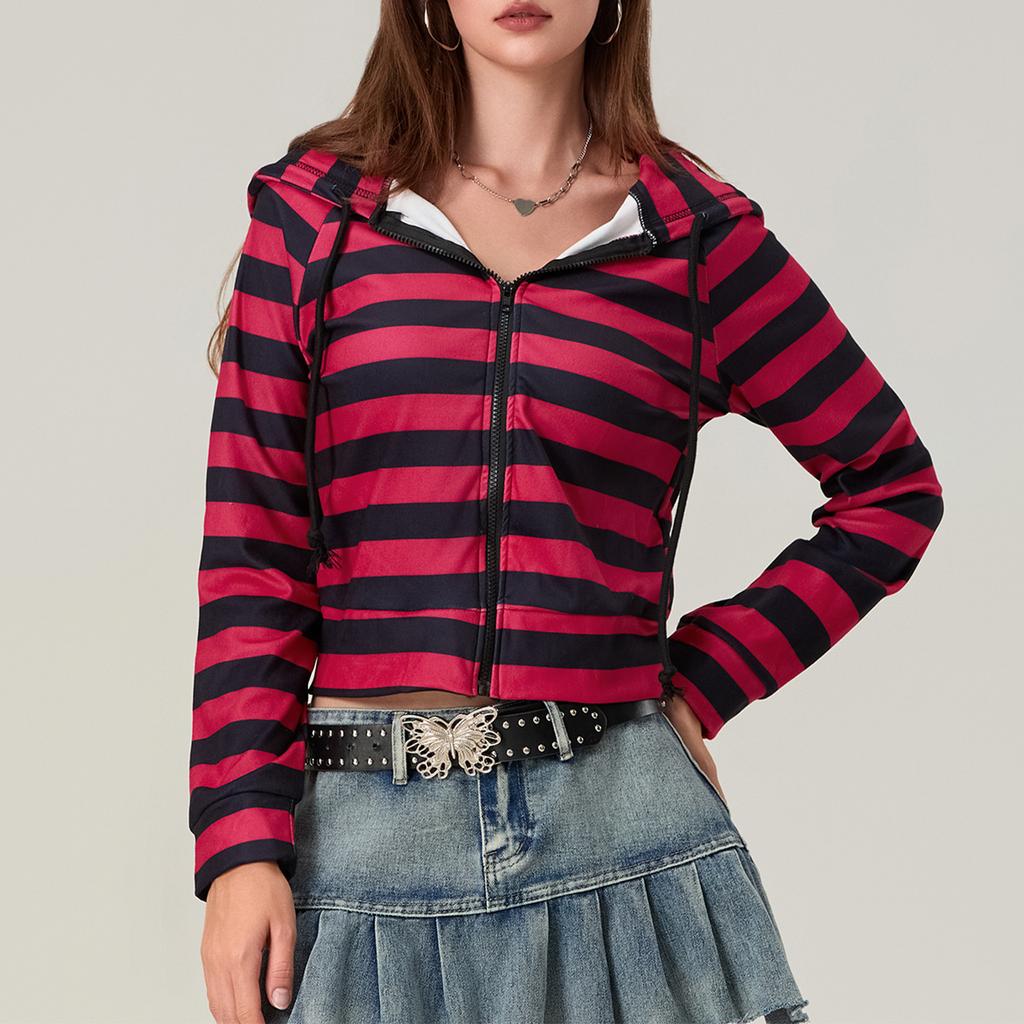 Damen Gestreifter Kapuzenpullover mit Reißverschluss Kontrastfarbe Raglan Langarm Herbst Sweatshirt Jacke