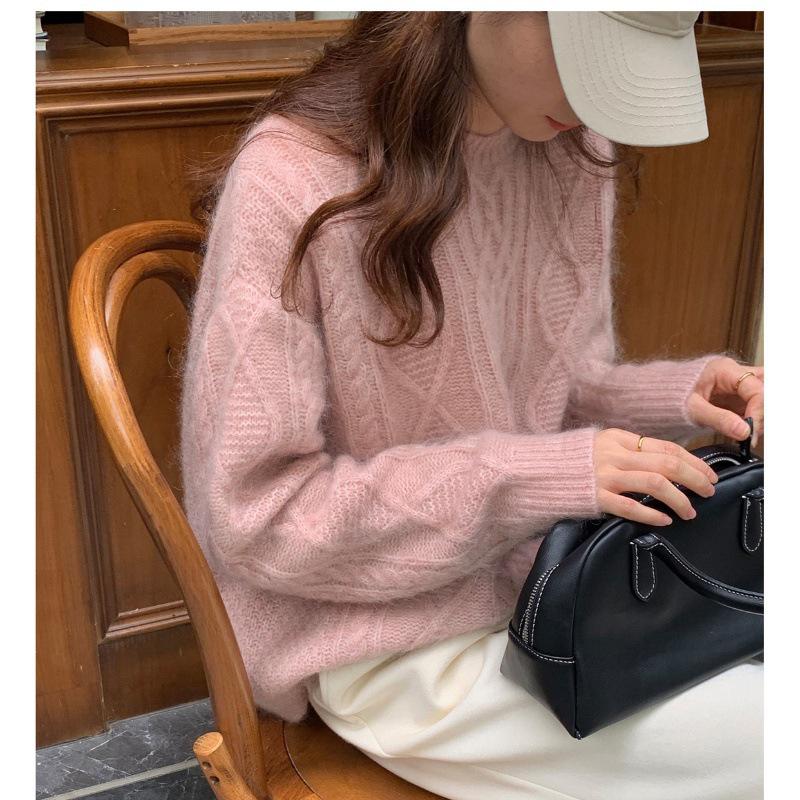 

Женский кардиган из кашемира нежного стиля с круглым вырезом - Осенне-зимний свитер крупной вязки с узором «косы» и «цветы» L розовый