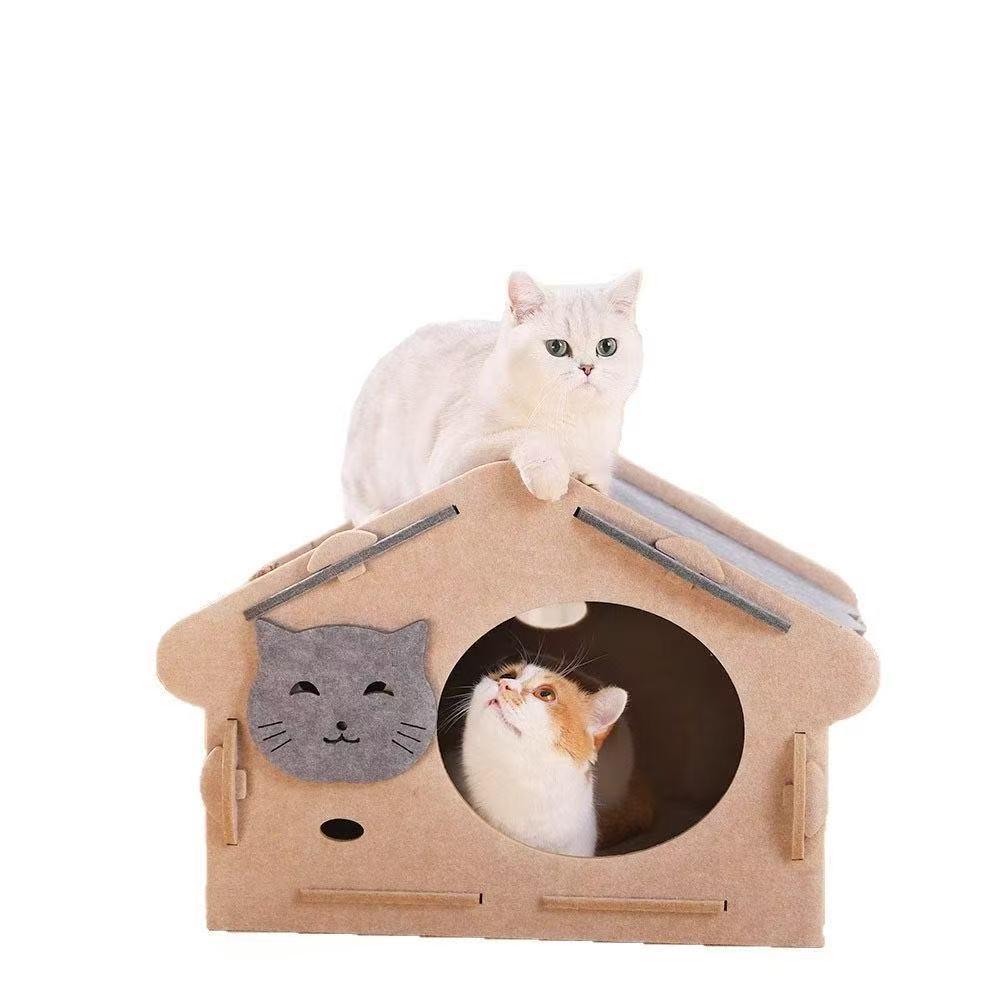 All-Season Felt Enclosed Cat Bed Villa - Detachable Pet Nest House