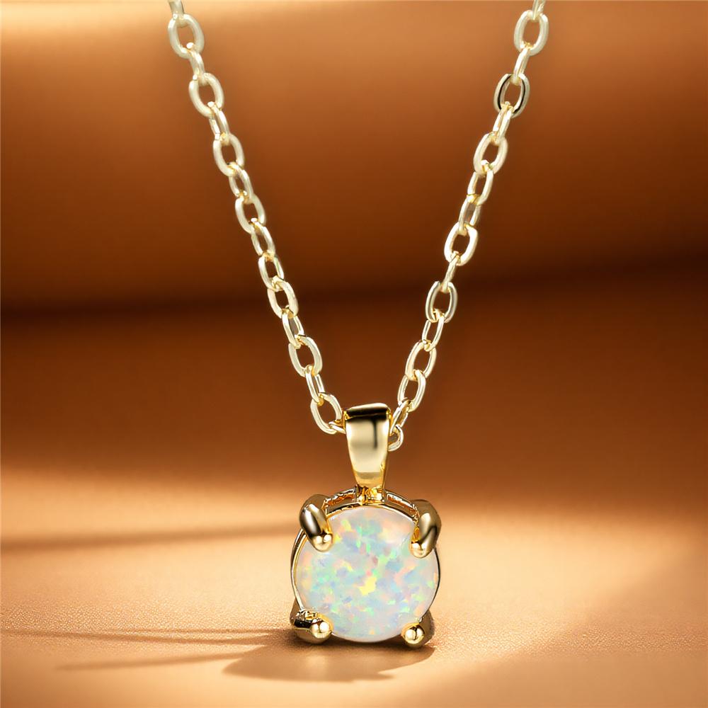 Female Crystal White Opal Stone Round Pendant Necklace Vintage Gold Color Wedding  For Women