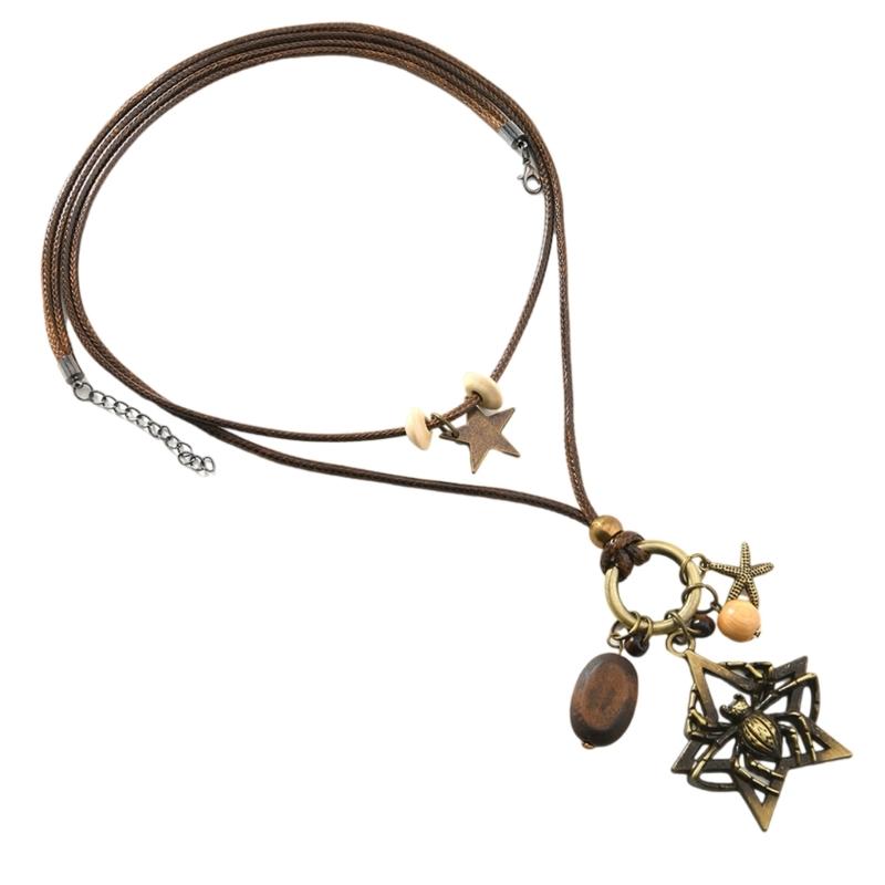 Retro Gothic Jewelry Pieces Alloy Spiders Charm With Cord And Wood Bead Detailing