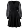 A-Line Women Solid Color V-Neck Jacquard Long Sleeve Dress Casual Spring High Waist Above Knee Summer Dresses S-XL