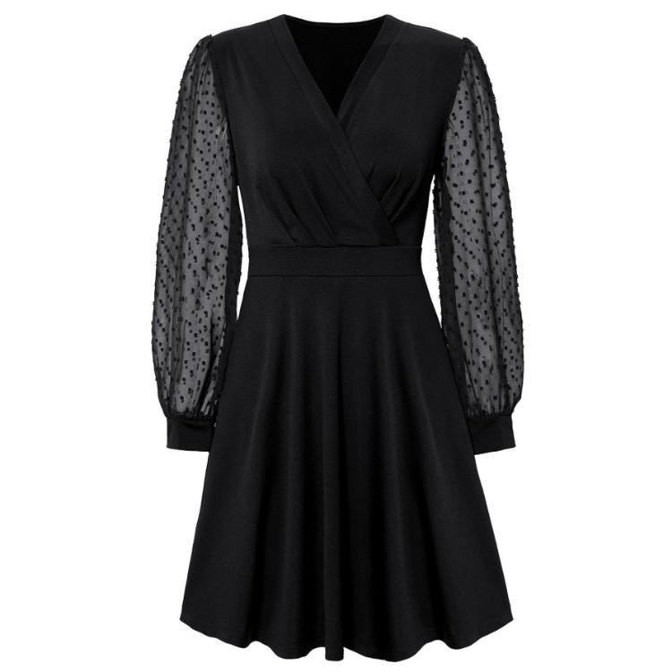 A-Line Women Solid Color V-Neck Jacquard Long Sleeve Dress Casual Spring High Waist Above Knee Summer Dresses S-XL