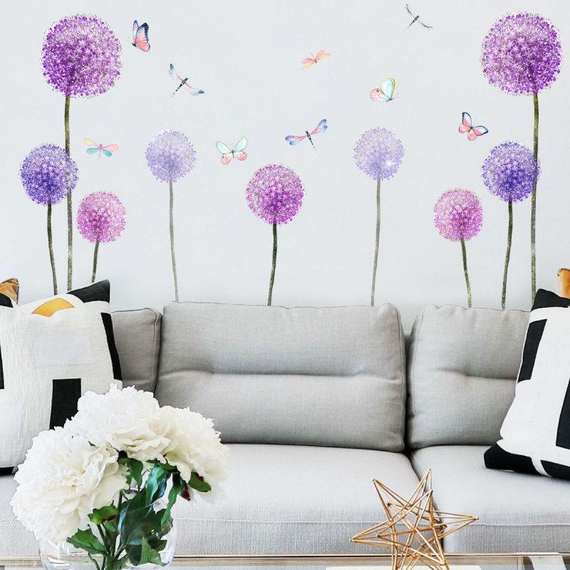 Wall Home Decoration Stickers Purple Dandelion Butterfly Pattern Wall  Stickers For Living Room Sofa