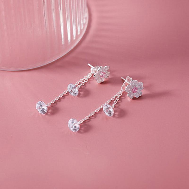Korean Romantic Cherry Blossoms Flower Tassel Earring For Women Sweet Pink Tulip Opal Pearl Zircon Earring Trend Wedding Jewelry