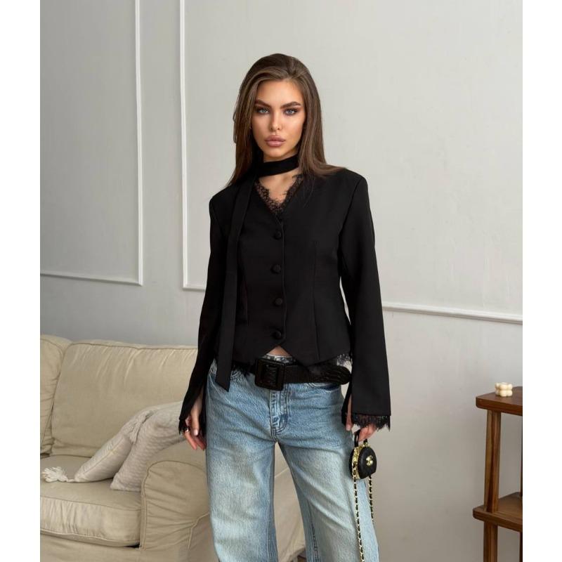 Elegant Lace V Neck Waist Cinched Slim Fit Women Blazer Outerwear