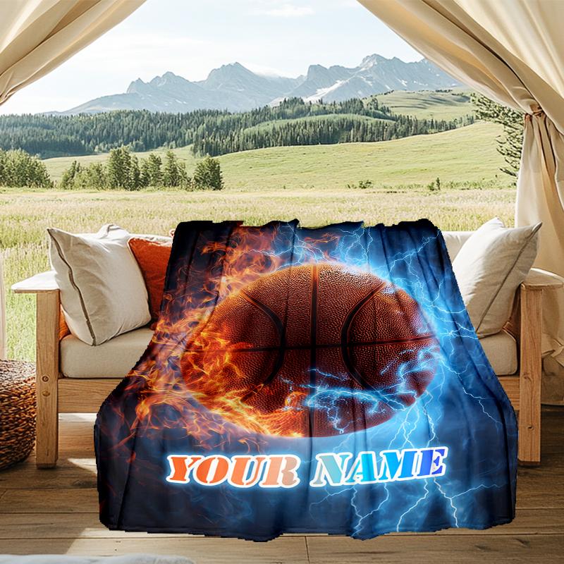 1PC Custom Name "Electric Basketball Flame" outdooor Flannel blankets Patterns Throw Blanket All-Season Soft Gift for Couch, Bed, Camping gifts