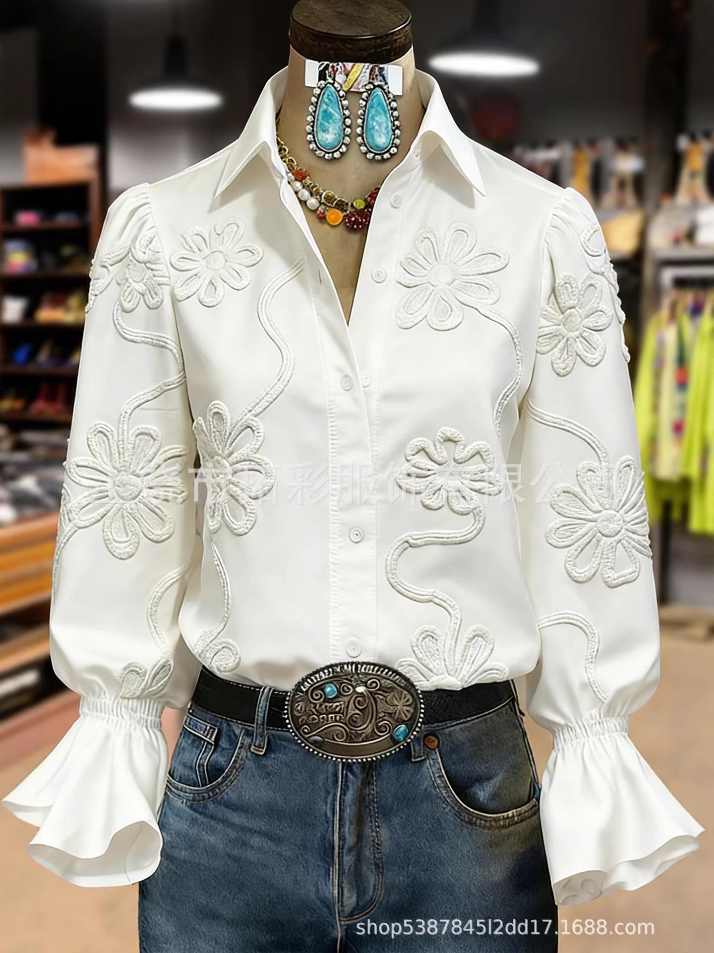 Elegant Floral Bell Sleeve Shirt – Spring 2026 European and American Style Small (S)