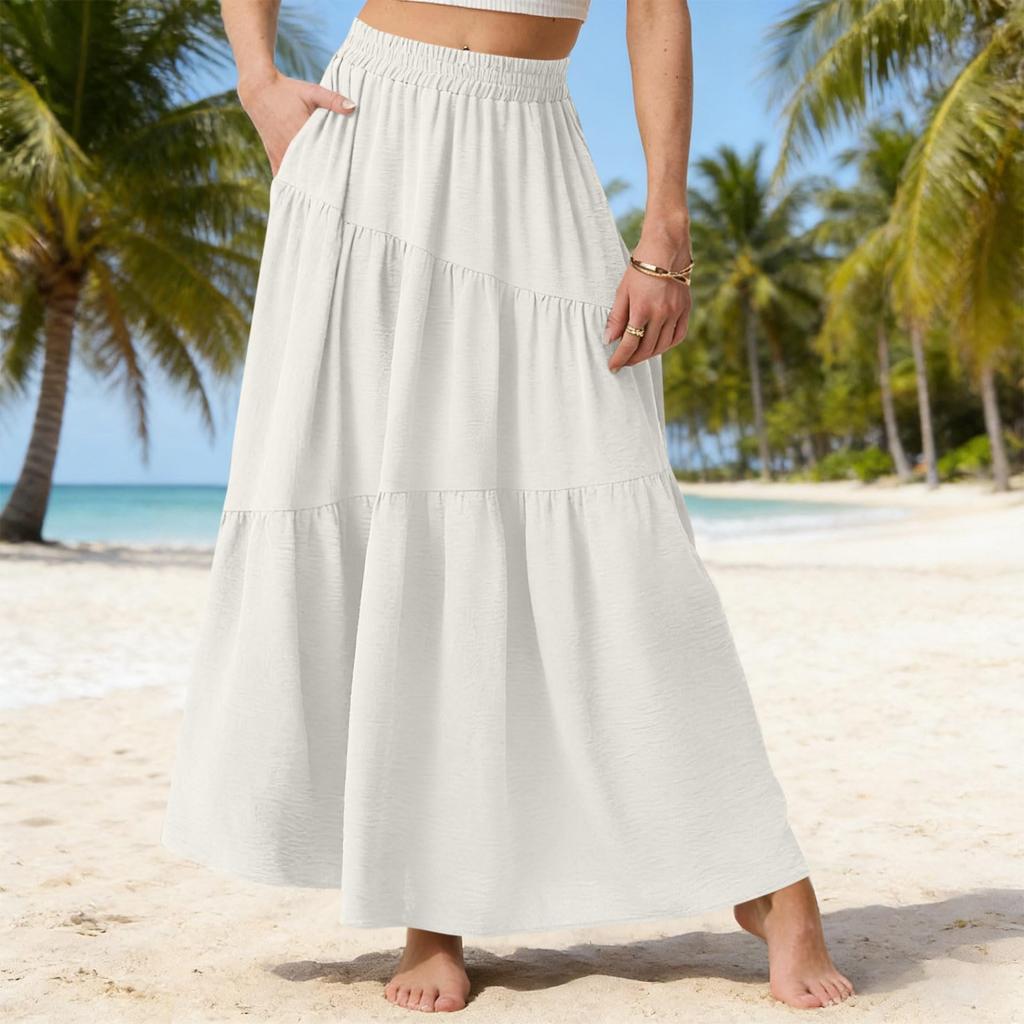 Women Casual Summer Loose Maxi Skirt Elastic Waist Lightweight Flowy Tiered Design Comfortable Daily Wear