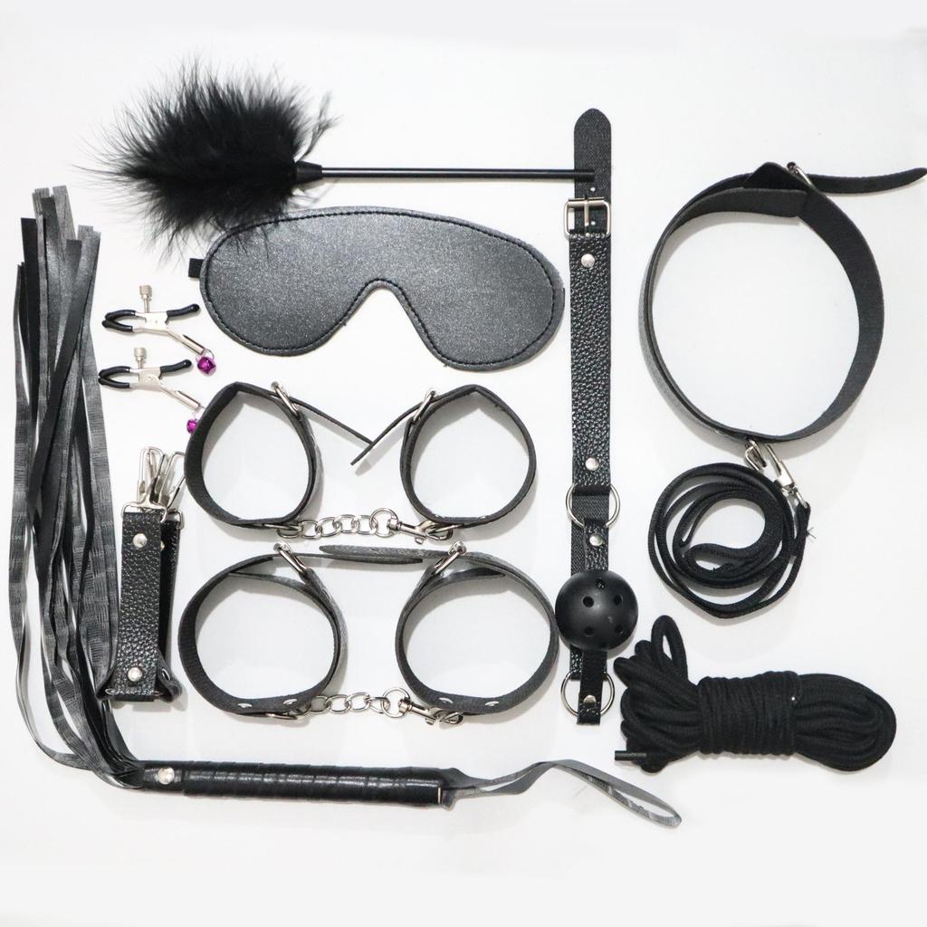 10-Piece Leather Bondage Set: Handcuffs, Collar & More for Couples