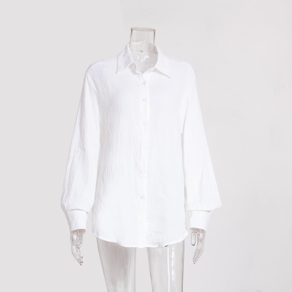 Summer Women s 100% Cotton Crinkled POLO Shirt, Loose Elegant Long Sleeve Blouse, Breathable Casual Top for European American Style S белый
