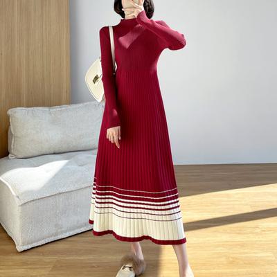 Autunno Inverno Mezzo dolcevita Abito da donna a maniche lunghe A-line Abiti da maglione femminili Abiti da donna lunghi a righe in maglia