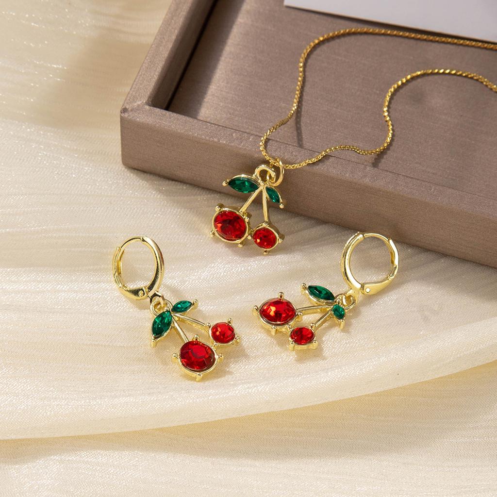Red Zircon Fruit Cherry Pendant Earrings Necklace For Women New Trend Fashion Collarbone Chain Jewelry Set Gifts